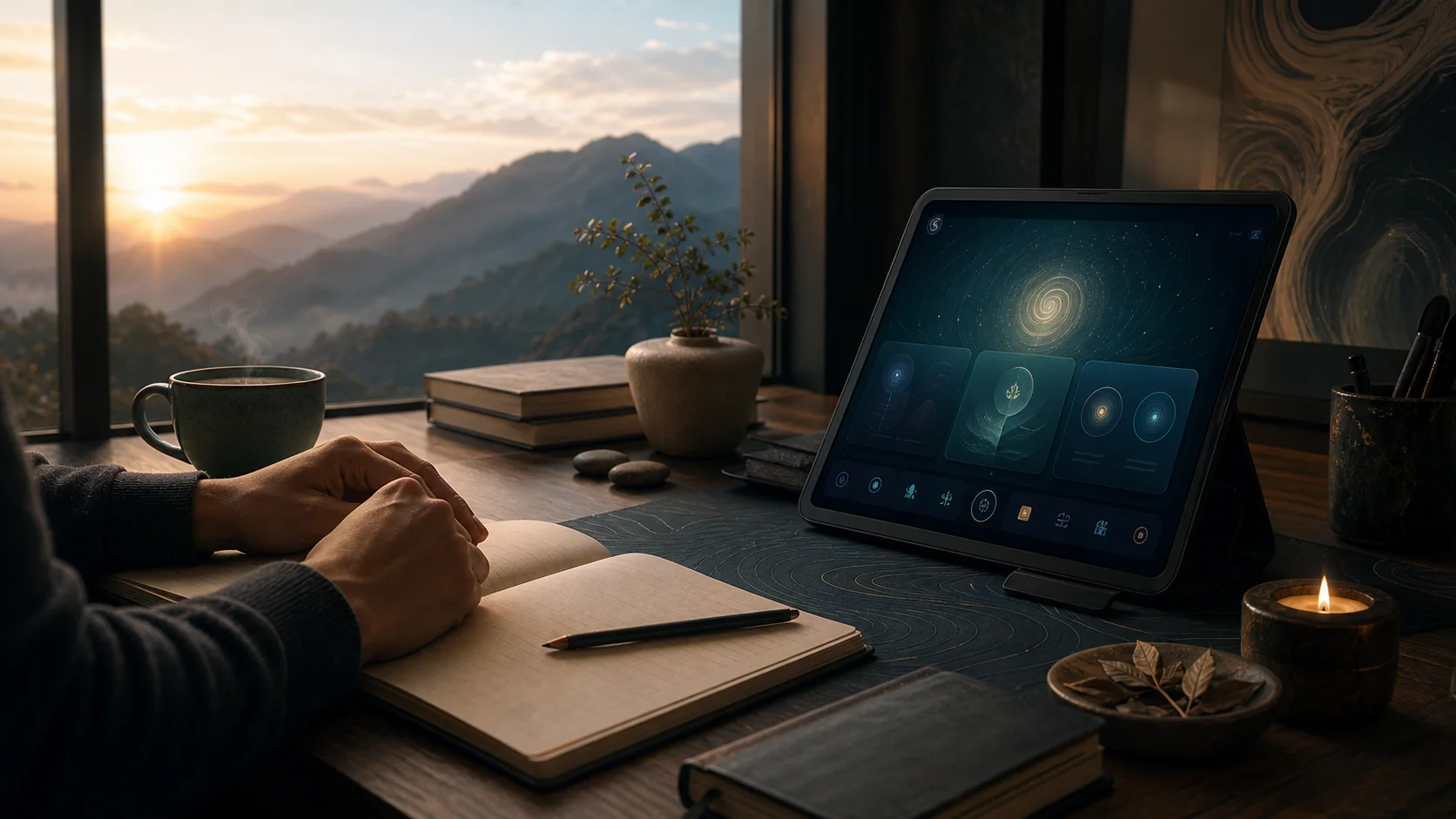 A quiet desk with a notebook, tea, and a companion interface overlooking mountains at dawn