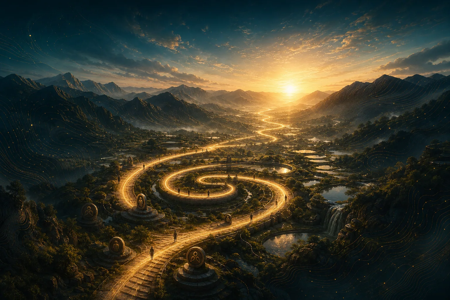 A luminous spiral path winding through a mountain valley at sunrise